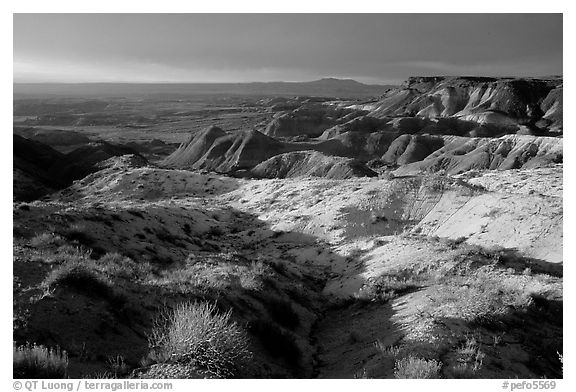 Badlands of  Chinle Formation seen from Whipple Point, stormy sunset. Petrified Forest National Park, Arizona, USA.