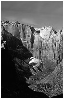 Streaked wall seen from Canyon Overlook. Zion National Park, Utah, USA. (black and white)