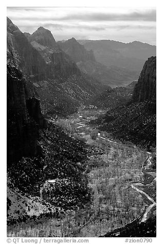 Zion Canyon from  summit of Angel's landing, mid-day. Zion National Park (black and white)