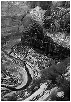 Virgin river and Canyon walls from the summit of Angel's landing in winter. Zion National Park ( black and white)