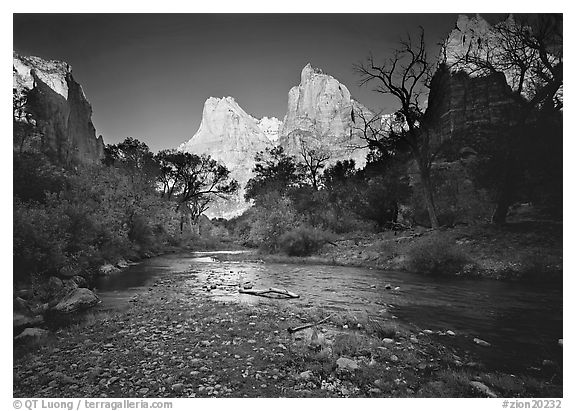 Virgin River and Court of the Patriarchs at sunrise. Zion National Park (black and white)