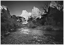 Virgin River and Court of the Patriarchs at sunrise. Zion National Park ( black and white)