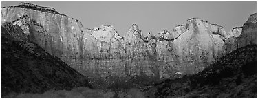 Towers of the Virgin cliffs at dawn. Zion National Park (Panoramic black and white)