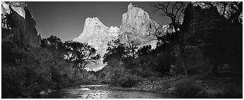 Court of the Patriarchs and Virgin River. Zion National Park (Panoramic black and white)