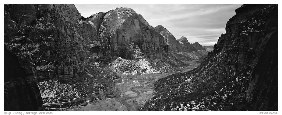 Zion Canyon delimited by tall limestone walls. Zion National Park (black and white)
