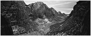 Zion Canyon delimited by tall limestone walls. Zion National Park (Panoramic black and white)