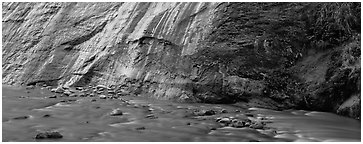 Wet gorge wall and Virgin River. Zion National Park (Panoramic black and white)