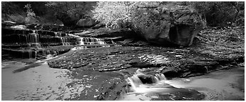 North Creek cascading over terraces in autumn. Zion National Park (Panoramic black and white)