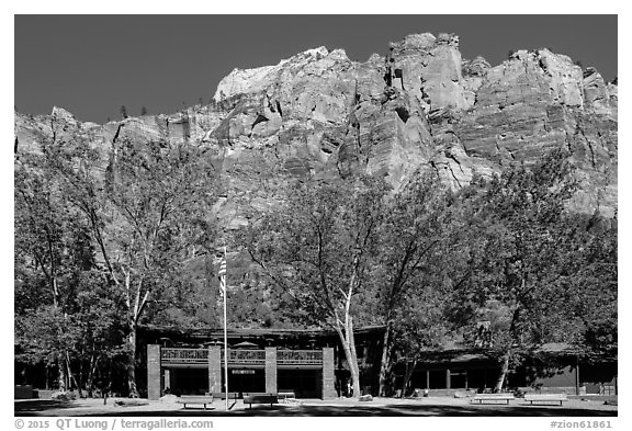 Zion lodge and cliffs. Zion National Park (black and white)