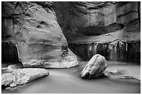 Boulders, Virgin River, and canyon walls, the Narrows. Zion National Park ( black and white)