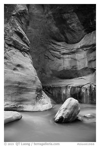 Virgin River flowing around boulders in the Narrows. Zion National Park (black and white)