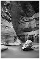 Virgin River flowing around boulders in the Narrows. Zion National Park ( black and white)