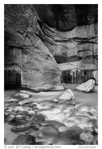 Virgin River flowing over boulders, the Narrows. Zion National Park (black and white)