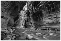 Virgin River flowing beneath tall walls, the Narrows. Zion National Park ( black and white)