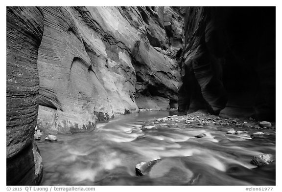 Virgin River flows over boulders under soaring walls of the Narrows. Zion National Park (black and white)