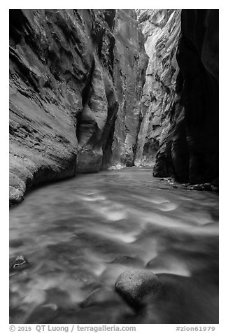 River flows beneath soaring sandstone walls, the Narrows. Zion National Park (black and white)