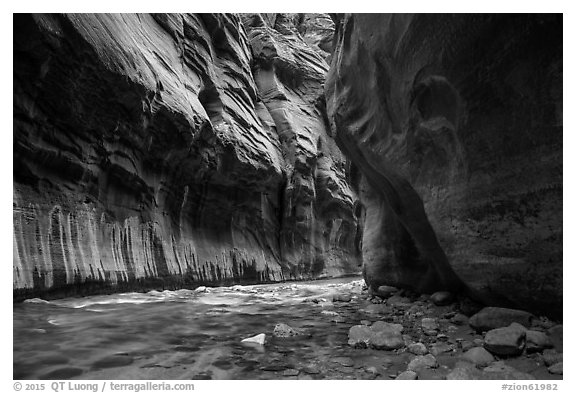 Tunnel passage in the Narrows. Zion National Park (black and white)