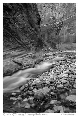 Colorful boulders and narrow channel of the Virgin River. Zion National Park (black and white)