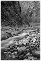Colorful boulders and narrow channel of the Virgin River. Zion National Park ( black and white)