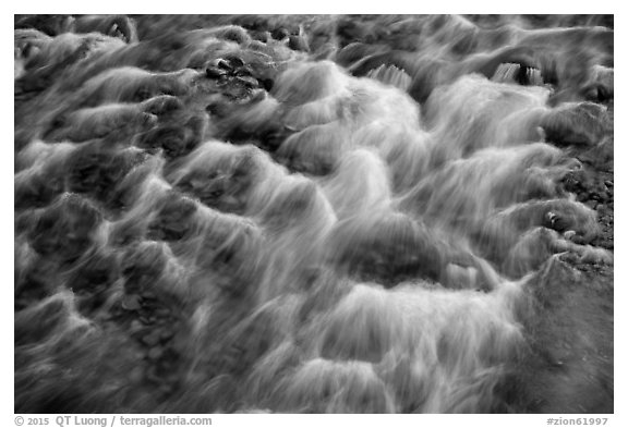 Close-up of Virgin River flowing over pebbles. Zion National Park (black and white)