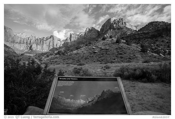 Temples and Towers intepretive Sign. Zion National Park (black and white)