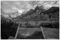 Temples and Towers intepretive Sign. Zion National Park ( black and white)