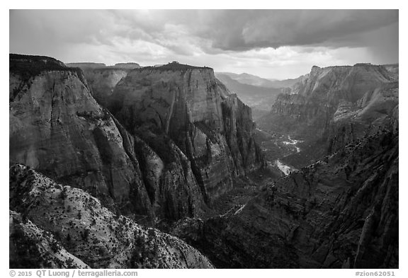 Thunderstorm over Zion Canyon from above. Zion National Park (black and white)