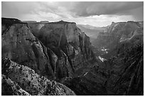 Thunderstorm over Zion Canyon from above. Zion National Park ( black and white)