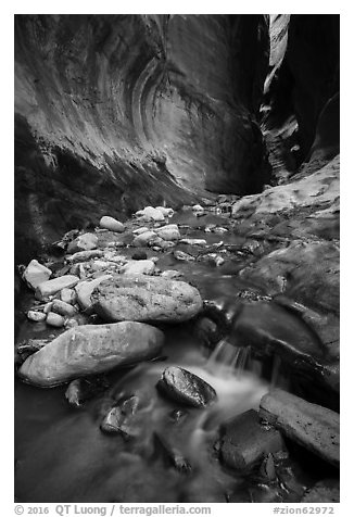 Cascading stream and boulders, Orderville Canyon. Zion National Park (black and white)