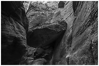 Large jammed boulder, Orderville Canyon. Zion National Park ( black and white)