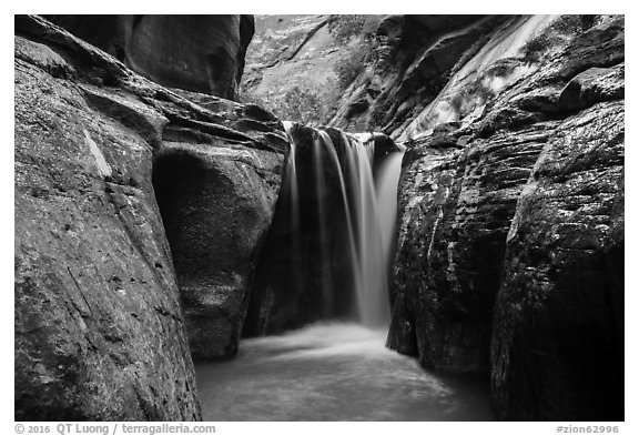 Waterfall, Orderville Canyon. Zion National Park (black and white)