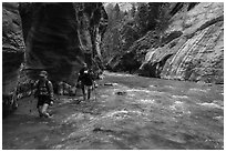 Hikers walking in the Virgin River narrows. Zion National Park ( black and white)