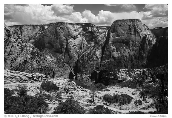 Backpackers on West Rim Trail. Zion National Park (black and white)
