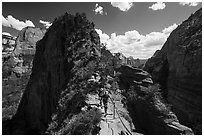 Hikers on narrow spine of Angels Landing. Zion National Park ( black and white)