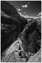 Hikers using chains and steps to descend Angels Landing. Zion National Park ( black and white)