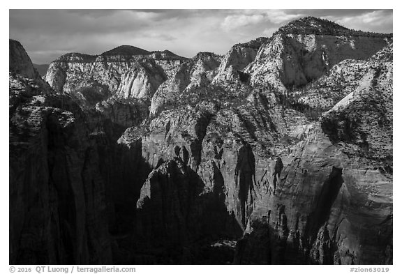 End of Zion Canyon seen from Angels Landing. Zion National Park (black and white)
