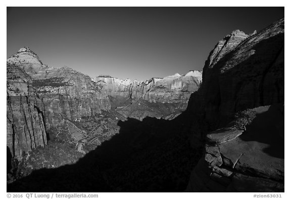 Shadow and canyon from Canyon Overlook. Zion National Park (black and white)