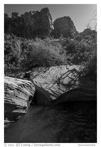 Man jumps from rock into water, Pine Creek. Zion National Park (black and white)