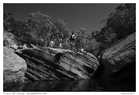Jumping into water at swimming hole, Pine Creek. Zion National Park (black and white)