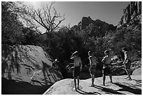 Children on rock above swimming hole, Pine Creek. Zion National Park ( black and white)