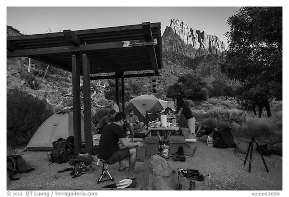 Campsite and Watchman at sunset. Zion National Park (black and white)