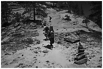 Cairn and hikers, Russell Gulch. Zion National Park ( black and white)