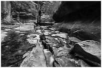 Stream funelling in tight watercourse, Left Fork. Zion National Park ( black and white)