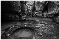 Water flowing over pools and fluted walls, Subway. Zion National Park ( black and white)