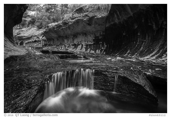 Cascades and pools, the Subway. Zion National Park (black and white)