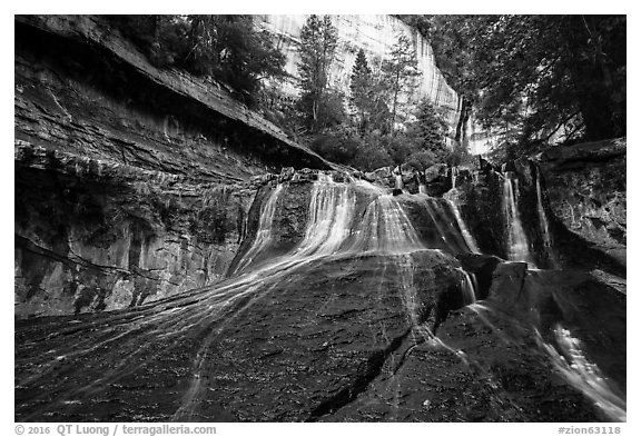 Waterfall over red travertine in the spring. Zion National Park (black and white)