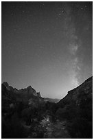 Virgin River, Watchman, and Milky Way at dawn. Zion National Park ( black and white)