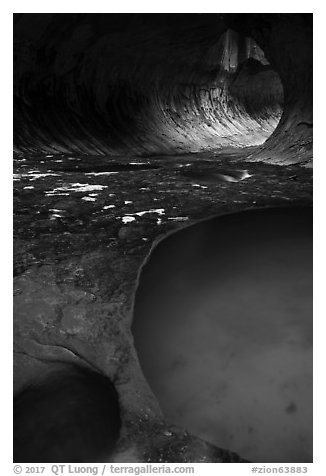Pool and tunnel-like opening, the Subway. Zion National Park (black and white)