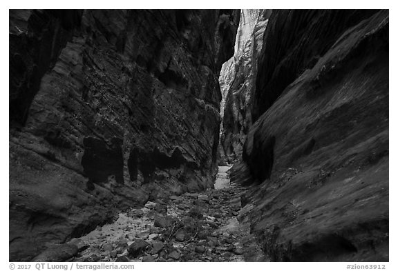 Narrow passage between tall walls, Behunin Canyon. Zion National Park (black and white)