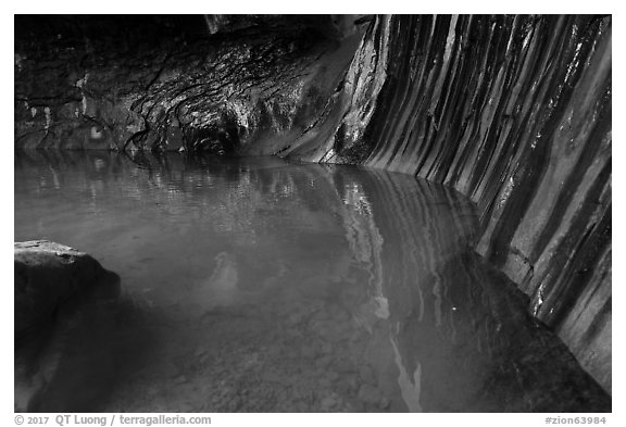 Pool and walls with striations, Pine Creek Canyon. Zion National Park (black and white)